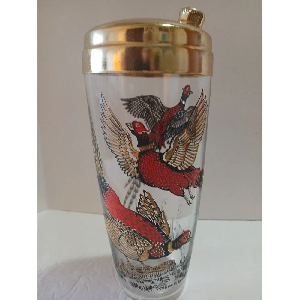 Vintage PHEASANTS HUNTING CLEAR GLASS COCKTAIL SHAKER 1960s Chrome Lid